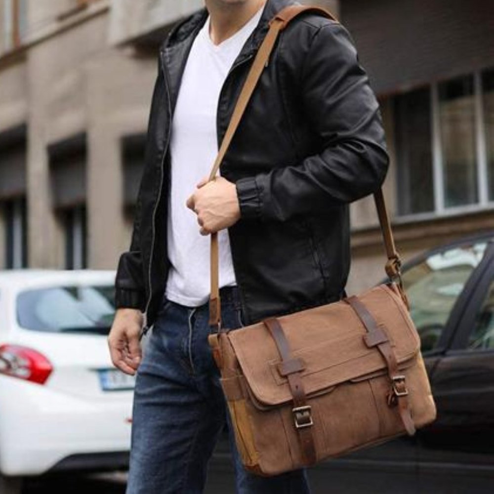Mens Leather Messenger Laptop Bag Briefcase